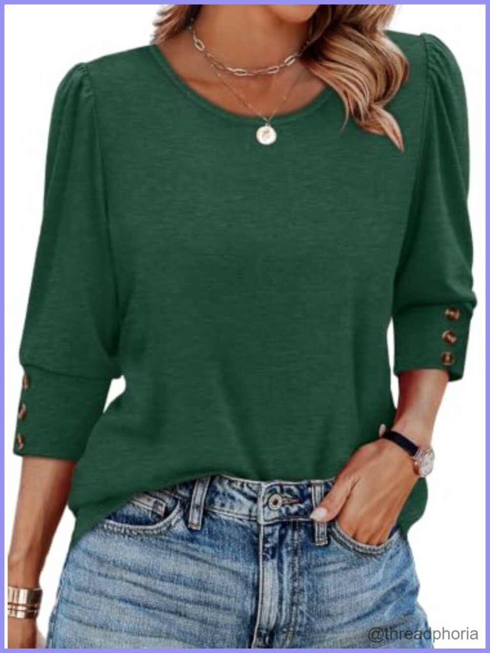 Womens 3/4 Sleeve Blouse Button Cuff Scooped Neck Curved Hem